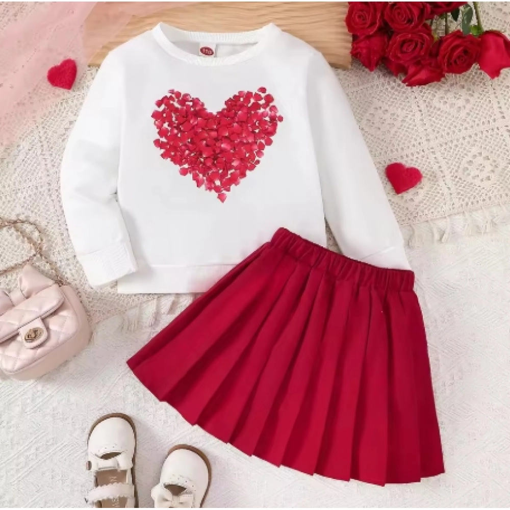 Kids Girls Clothes Heart Printing Tops Pleated Skirt 2pcs Sets Children's Outdoor Daily Wear Valentine's Day Gift Kids Girls Clothes Heart Printing Tops Pleated Skirt 2pcs Sets Children's Outdoor Daily Wear Valentine's Day Gift