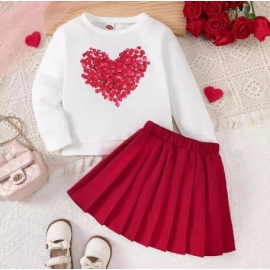 Kids Girls Clothes Heart Printing Tops Pleated Skirt 2pcs Sets Children's Outdoor Daily Wear Valentine's Day Gift