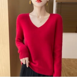 Autumn and winter new women's first-line ready-to-wear 100% pure wool V-neck solid color loose warm cashmere pullover top